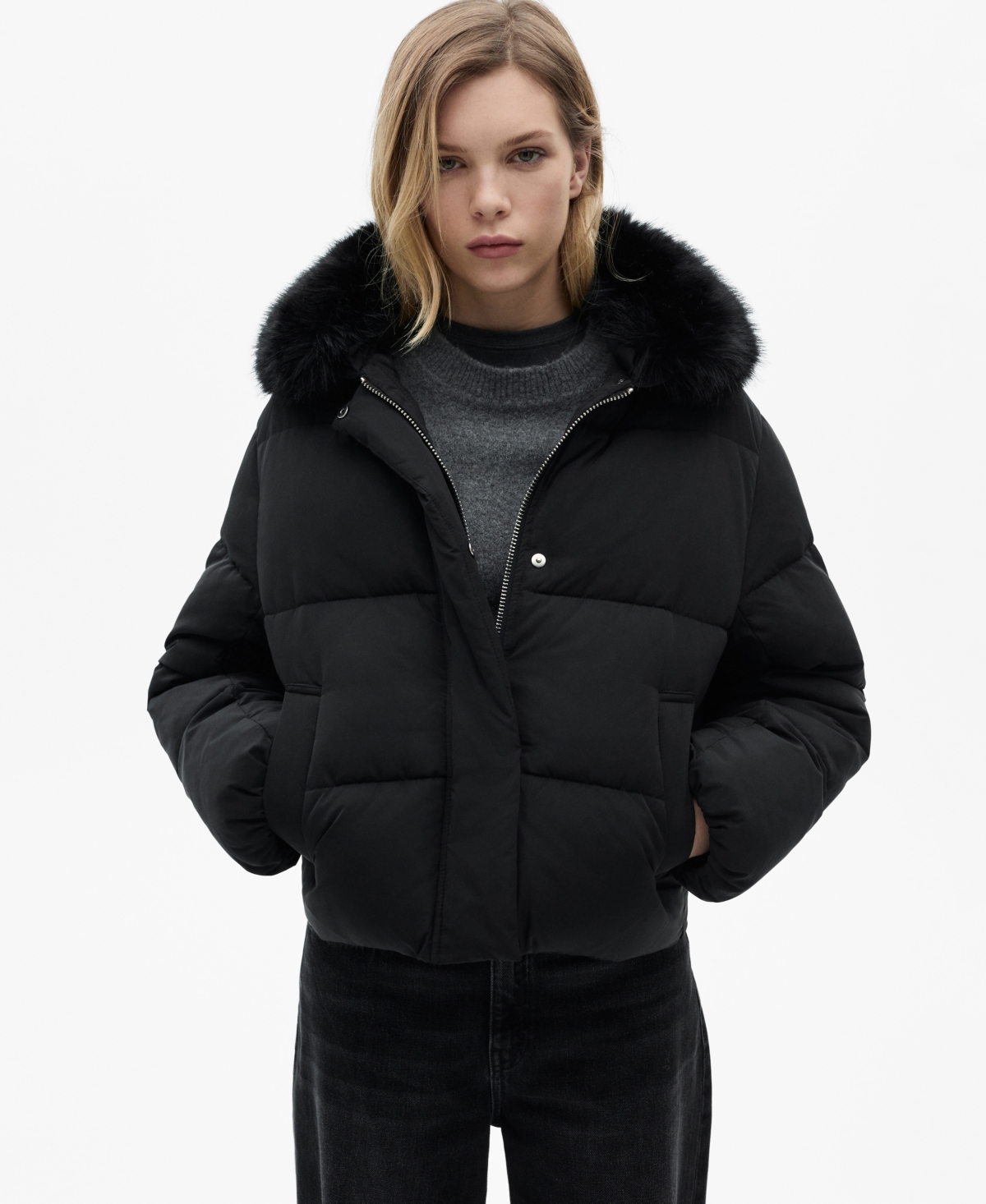Women's Fur Collar Quilted Coat - Black