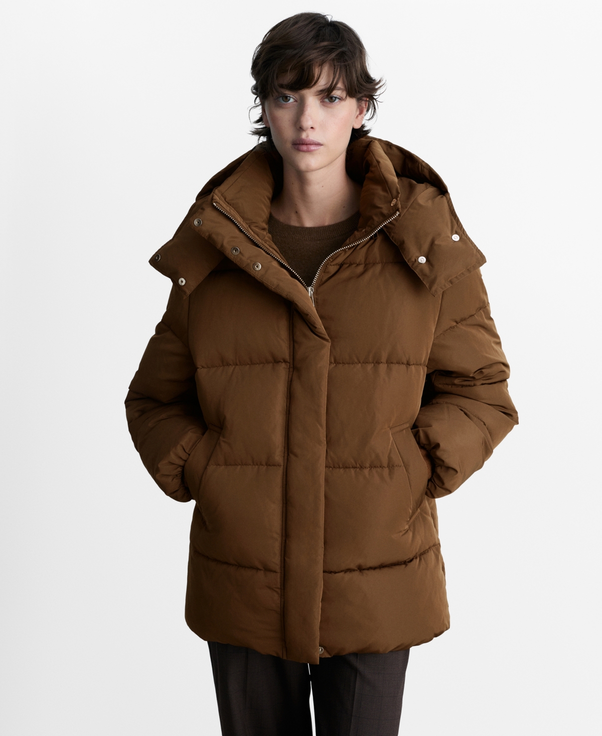 Mango Women's Hood Quilted Coat In Medium Brown