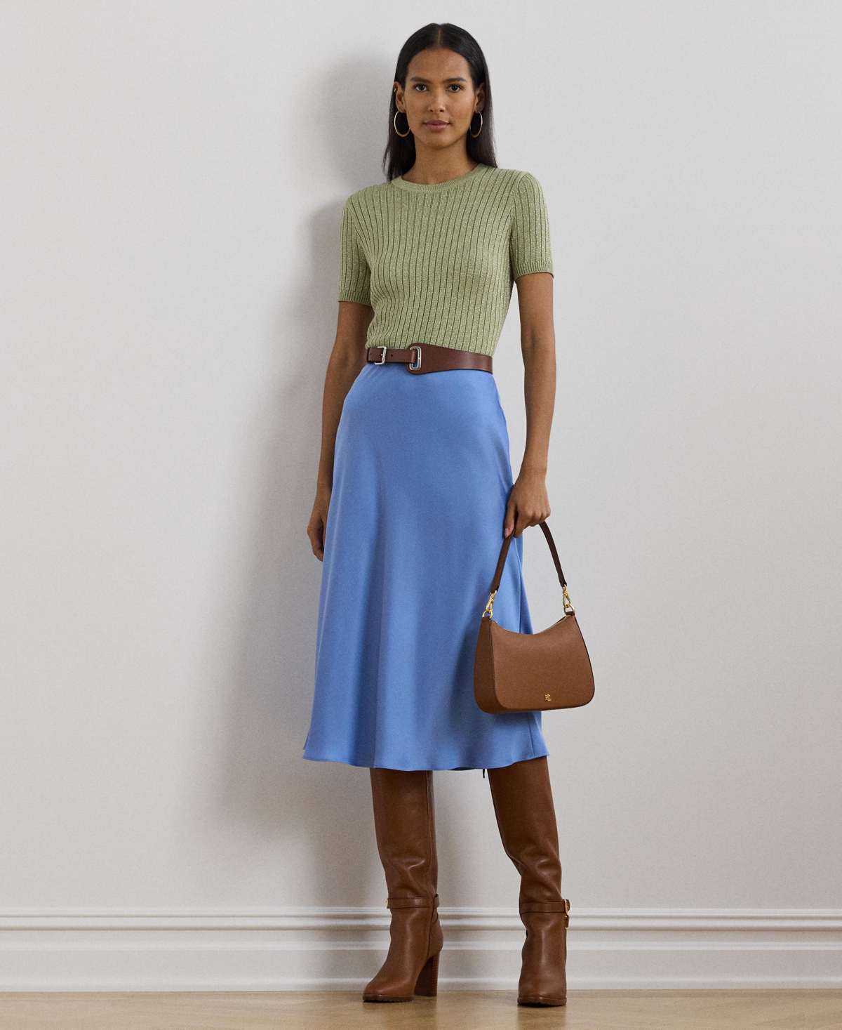 Women's Satin Charmeuse Midi Skirt - Sky Blue