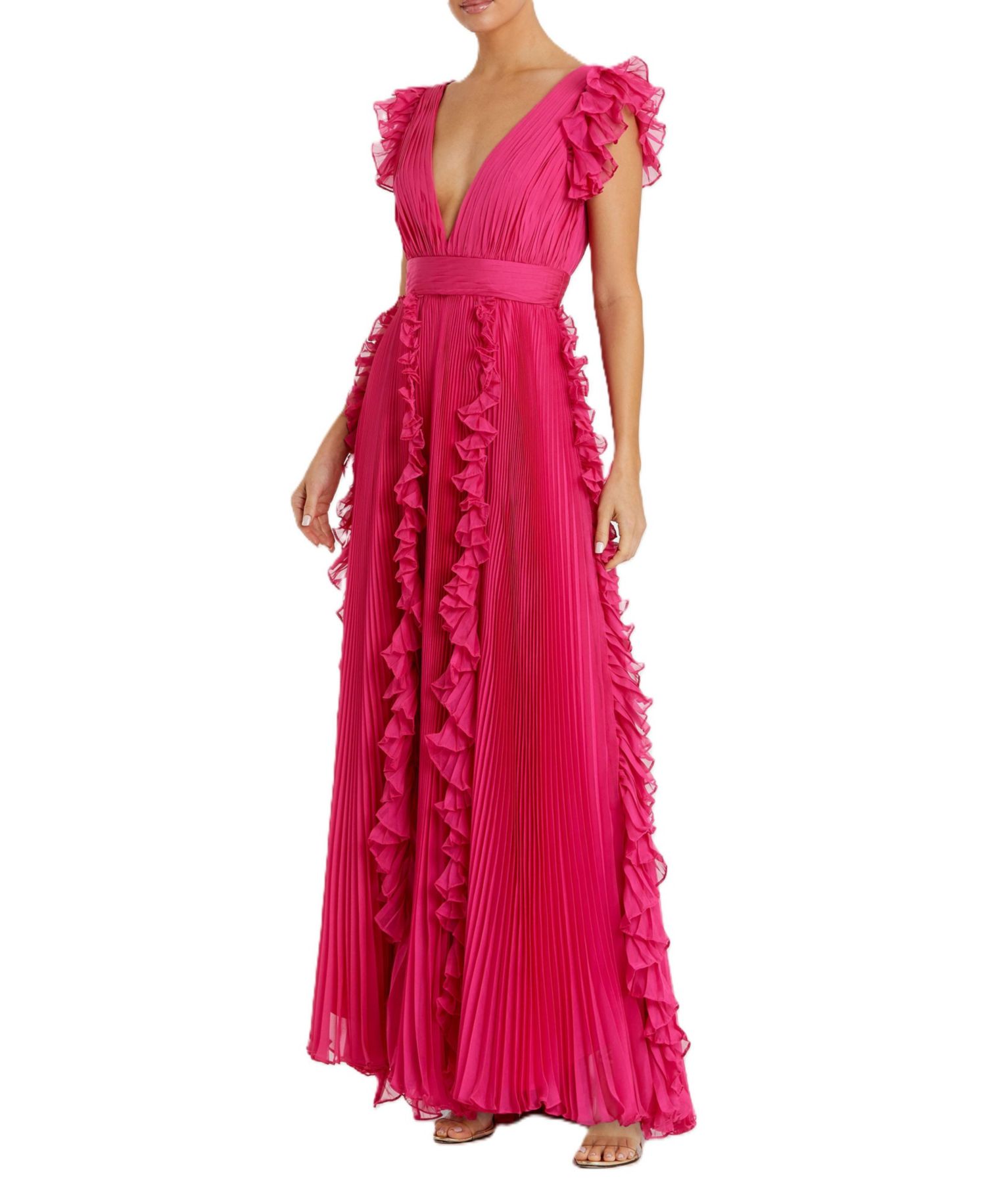 Women's Pleated Ruffle Cap Sleeve Flowy A Line Gown