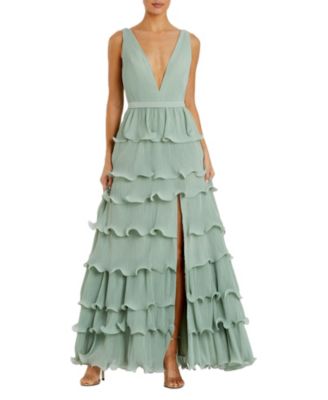 Women's Sleeveless Ruffle Tiered V Neck Gown