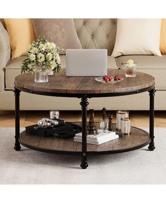Coffee Table Round Center Table with Storage Shelf Wooden Circle Coffee Table with Sturdy Metal Legs Rustic 2-Tier Industrial Accent Center Table