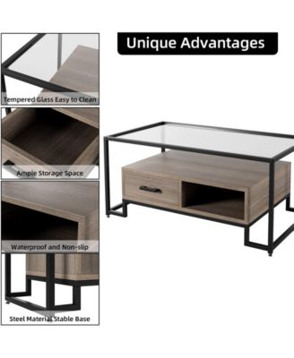 Coffee Table Tempered Glass Top, Rectangle Center Table with Drawers and Storage Shelf, Industrial Glass Top Accent Table for Home Living Room, Apartment, Office