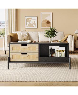 Coffee Table with LED Lights - Rectangle Open Storage Shelf Accent Center Sofa Table Modern Coffee Table with 4 Drawers Farmhouse Coffee Table for Living Room Apartment Office