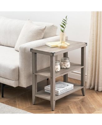 Grey Farmhouse End Table, 3 Tier Rustic Side Table, Narrow Sofa Table Set of 2 with Ample Storage Shelf, Rectangular Nightstand