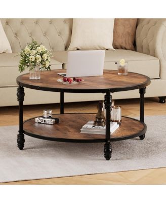 Round Coffee Table, 31" Coffee Table with Open Storage Shelf, 2-Tier Industrial Circle Wood Center Table for Living Room