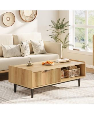 2-Tier Light Wood Coffee Table with Drawers – Fluted Accent Cocktail Table