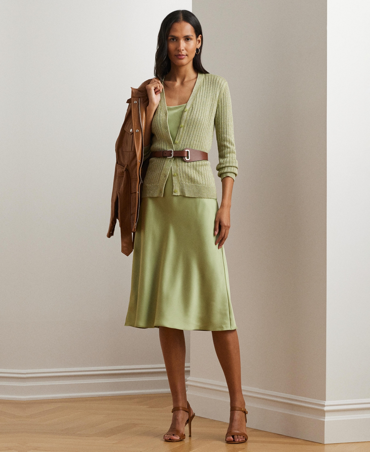 Ralph Lauren Metallic Linen-blend Rib-knit Cardigan In Light Olive