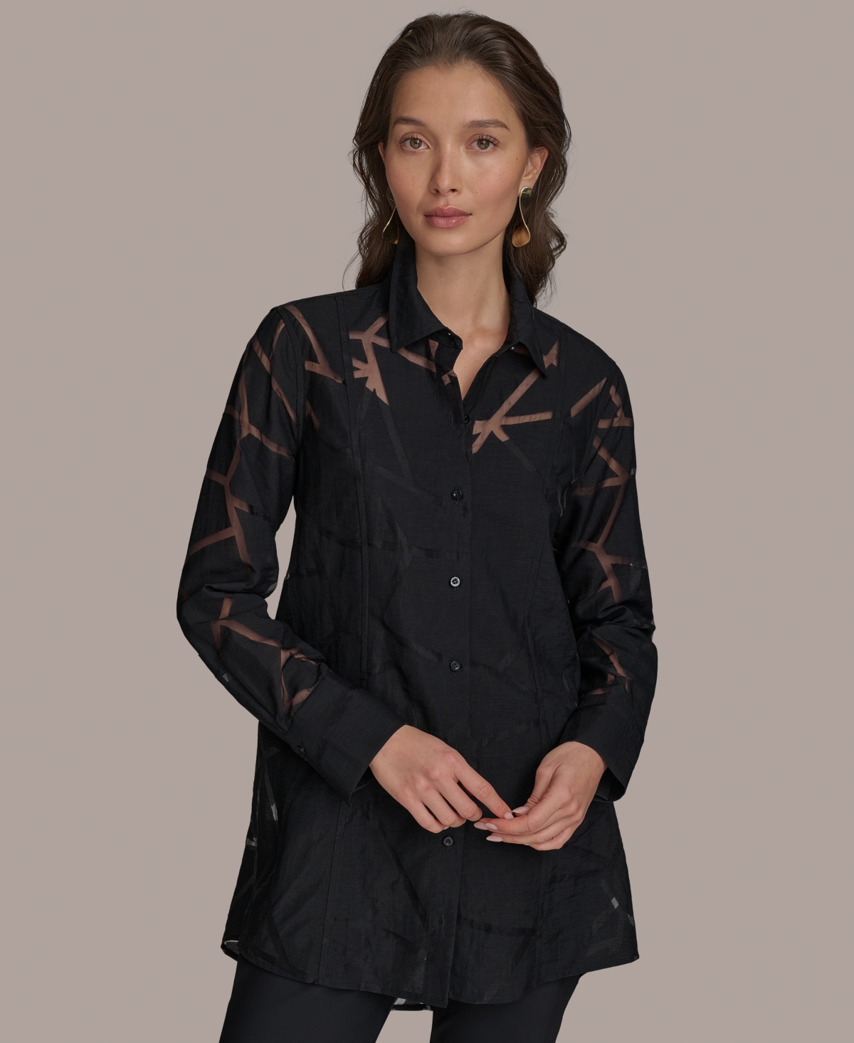 DONNA KARAN WOMEN'S GEO BURNOUT BUTTON-FRONT TUNIC 