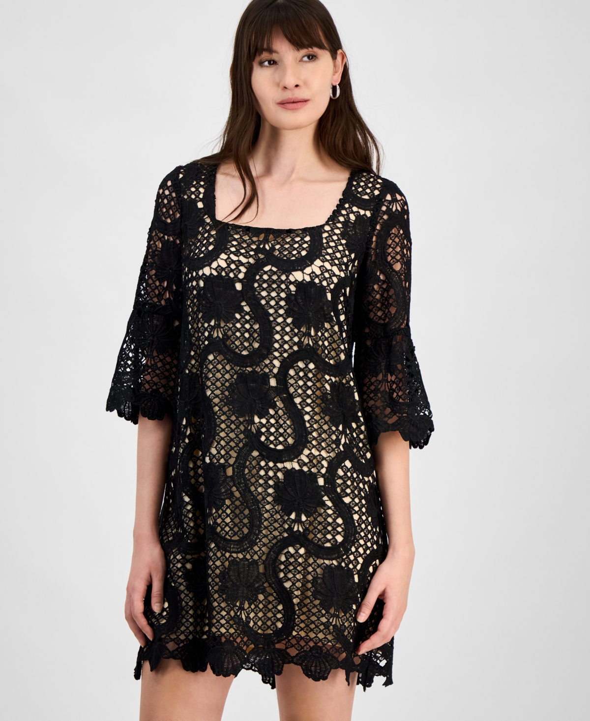 ANNE KLEIN WOMEN'S LACE SQUARE-NECK BELL-SLEEVE DRESS