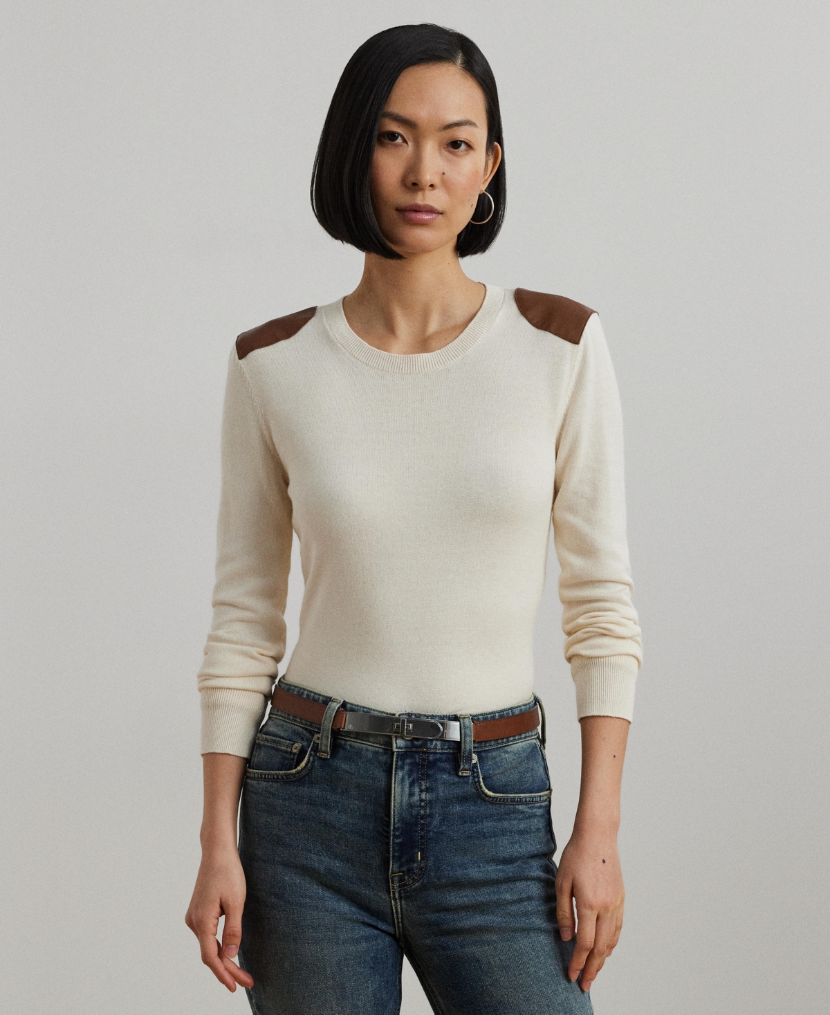 Women's Faux-Leather-Trim Cotton-Blend Sweater - Mascarpone Cream
