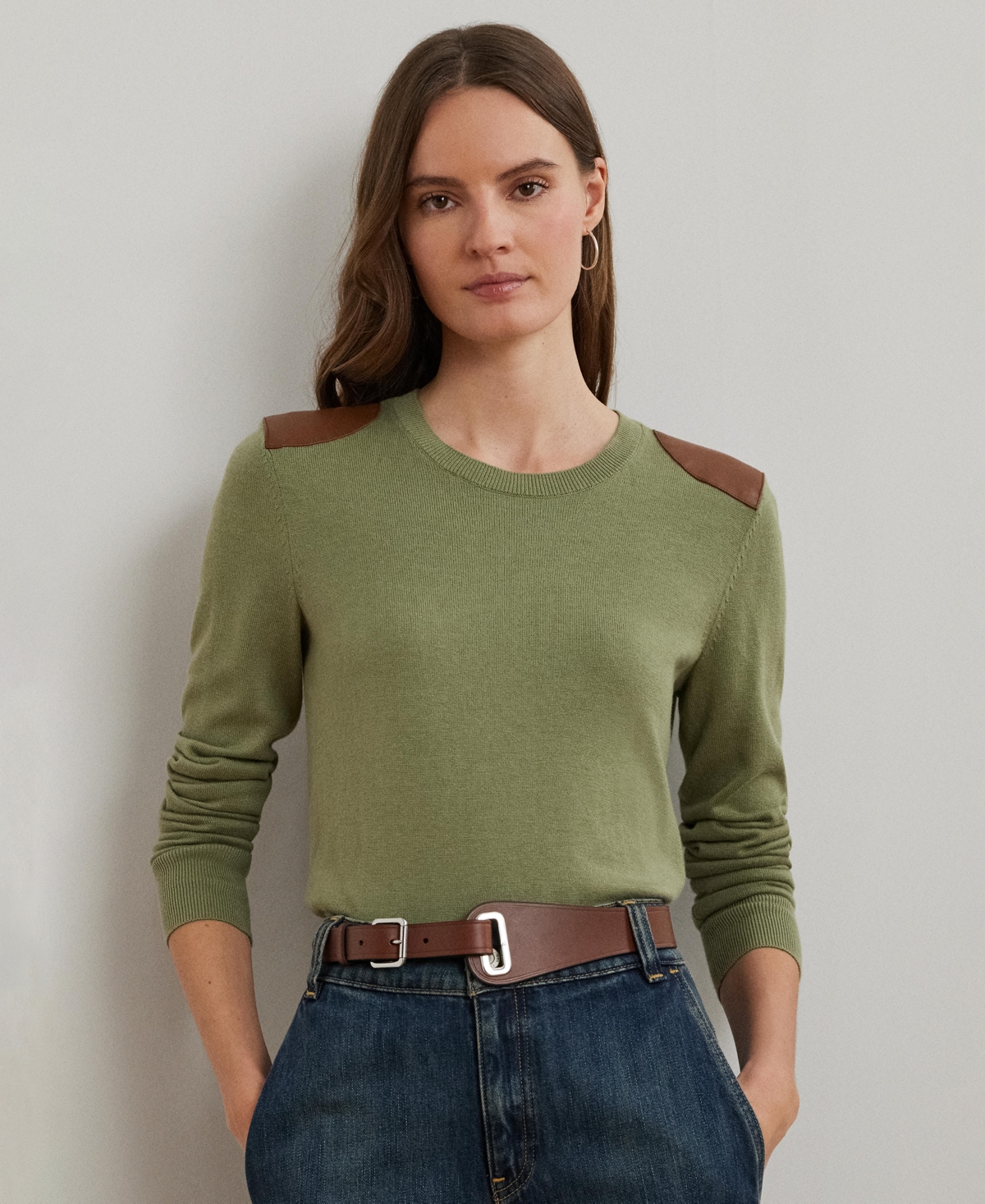 Women's Faux-Leather-Trim Cotton-Blend Sweater - Mascarpone Cream