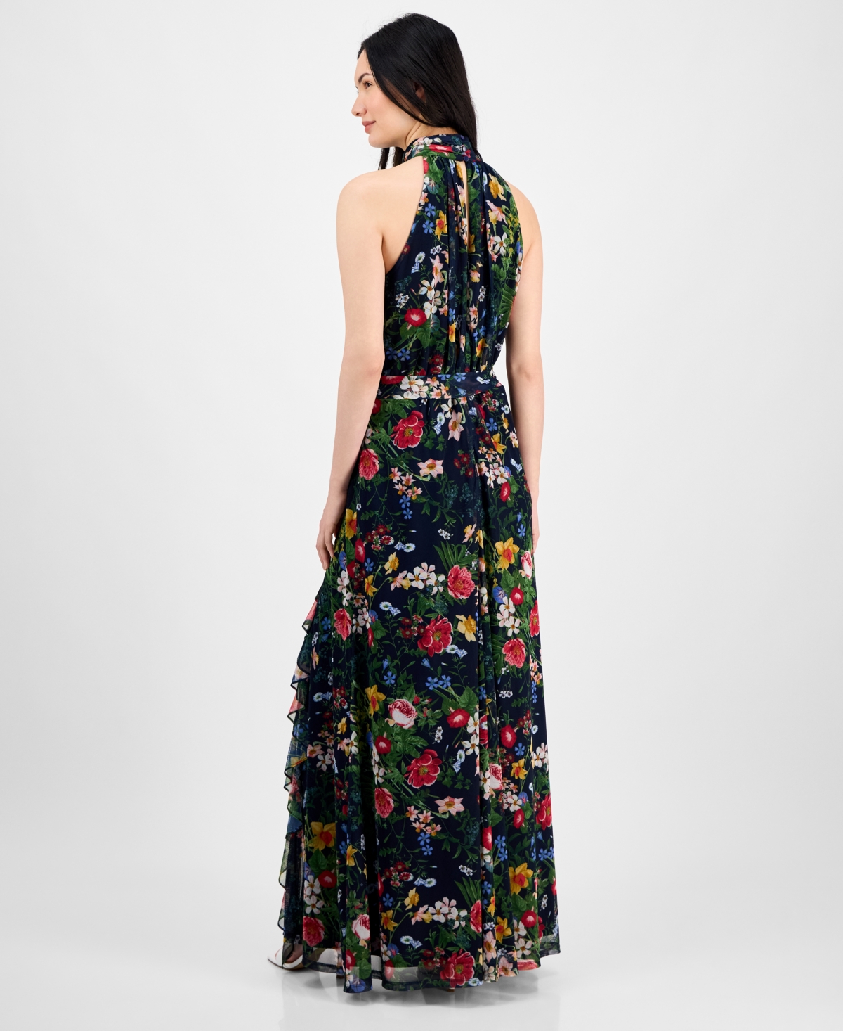 Shop Anne Klein Women's Floral-print Ruffled Maxi Dress In Distant Mountain Multi
