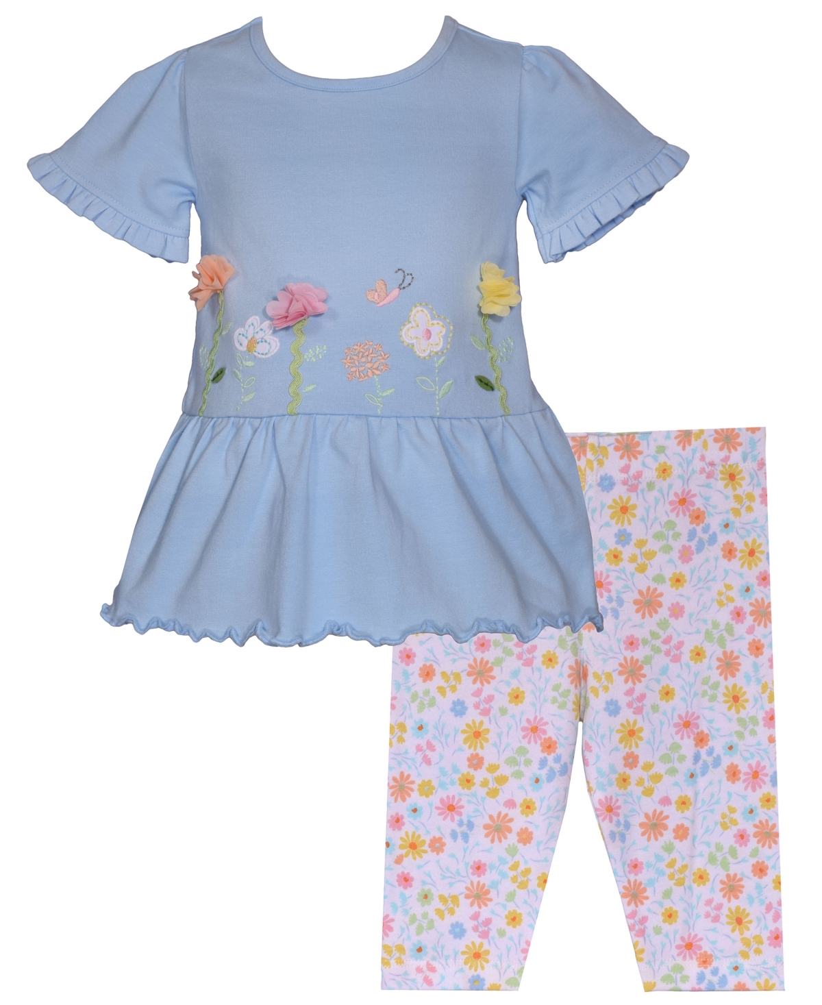 Bonnie Baby Baby Girls 2-piece Floral Applique Outfit In Blue