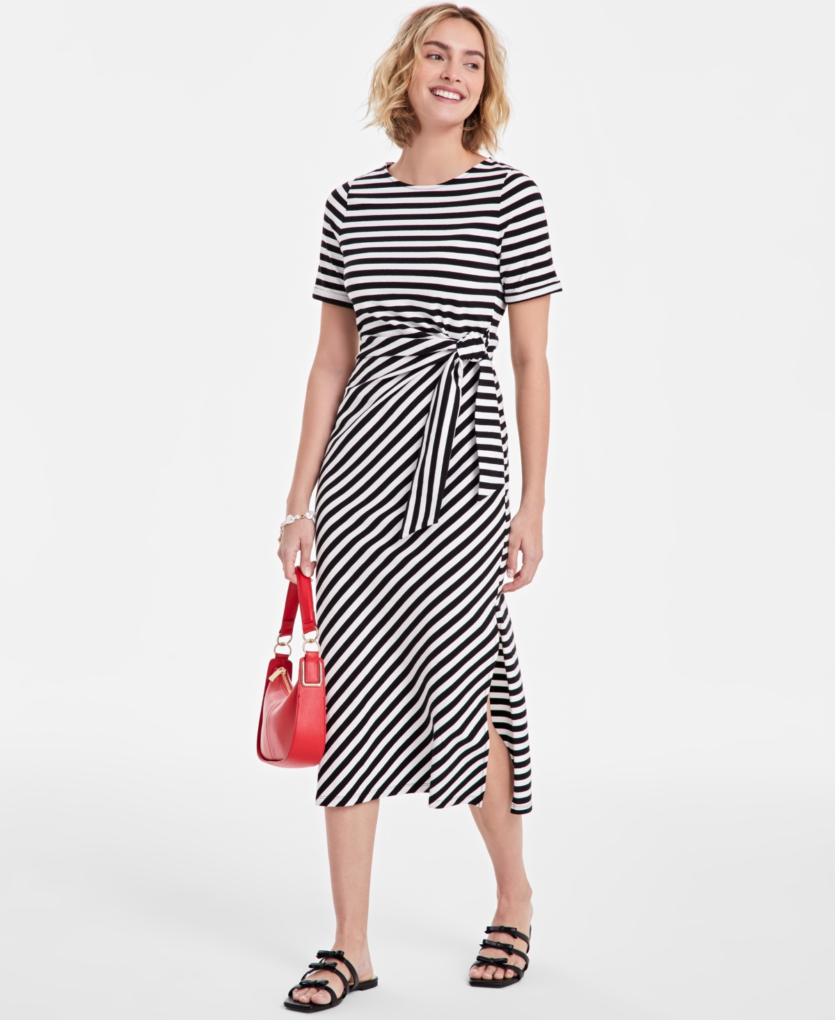 On 34th Womens Striped Tie Waist Midi Dress Exclusively At Macys Xxs 3x In Deep Black