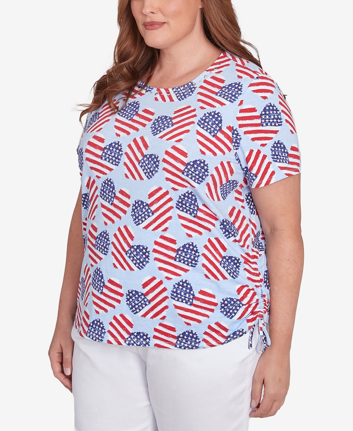 Alfred Dunner Plus Size Flag Heart Top With Side Ruching In Blue
