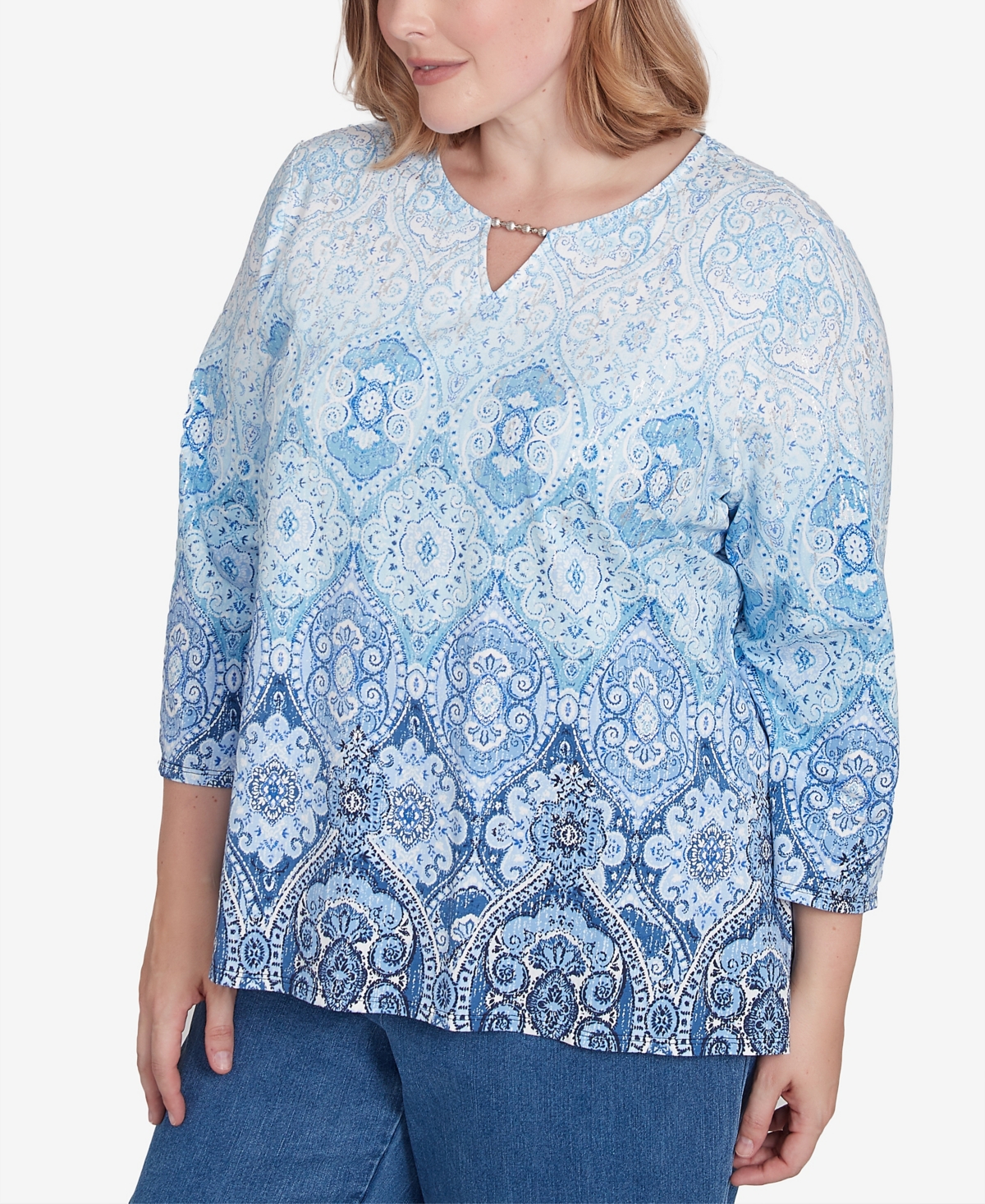 Alfred Dunner Plus Size Classic Split Beaded Neck Ombre Medallion Top In Navy