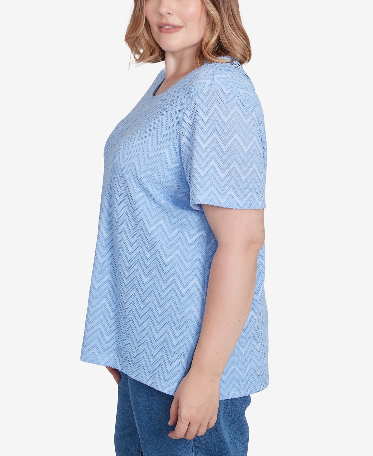 Alfred Dunner Plus Size Classic Textured Chevron Lace Back Tee In Iris