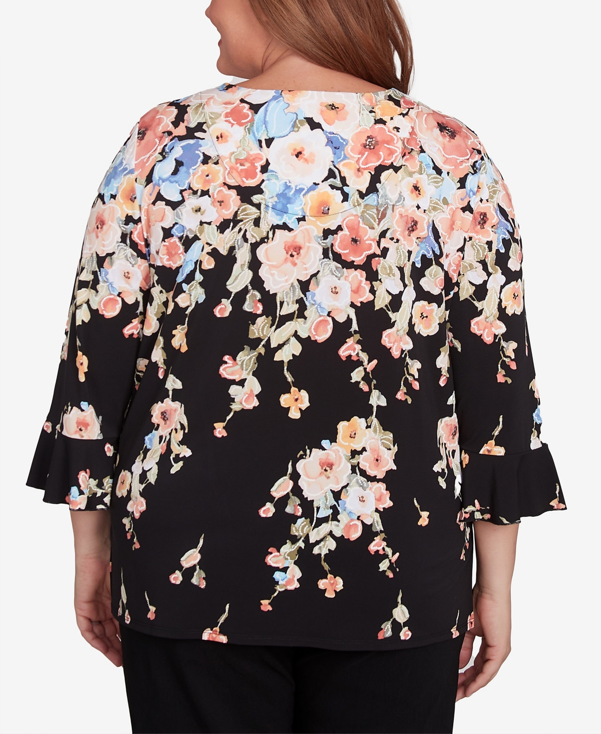 Alfred Dunner Plus Size Classic Falling Flower Beaded Split Neck Top In Black