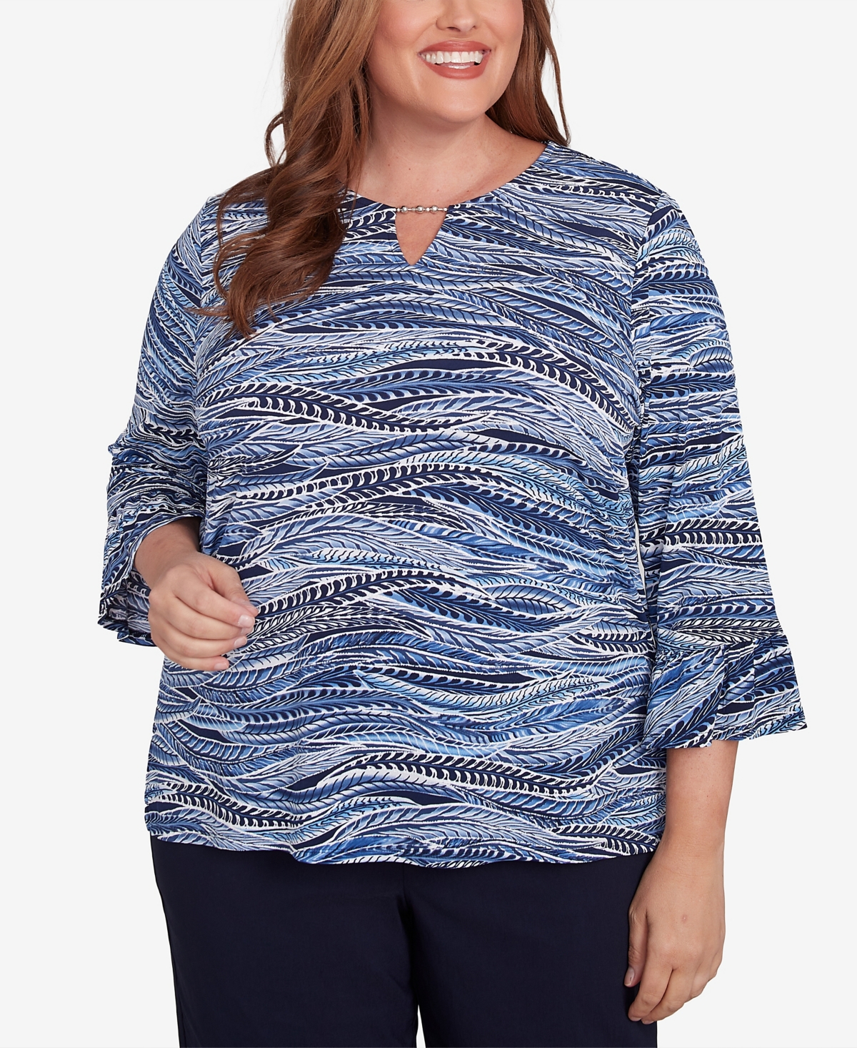 Alfred Dunner Plus Size Classic Beaded Split Neck Feathers Top In Navy