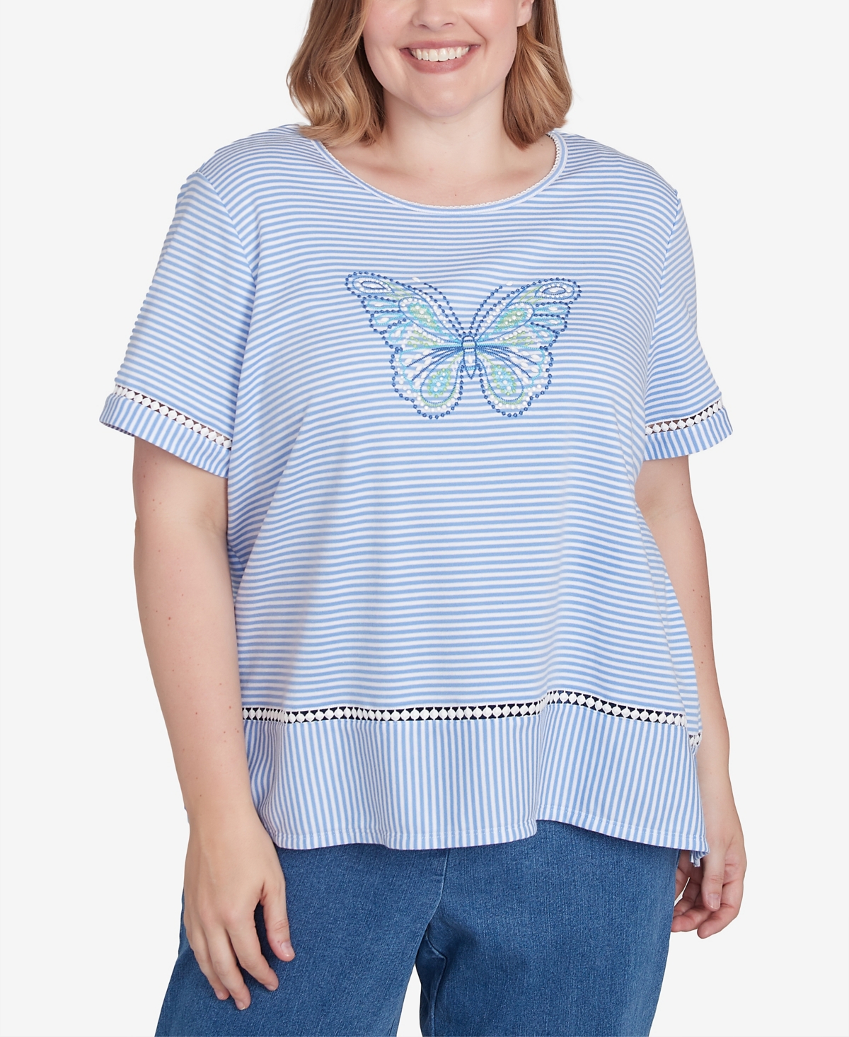 Alfred Dunner Plus Size Classic Striped Butterfly Short Sleeves Tee In Iris