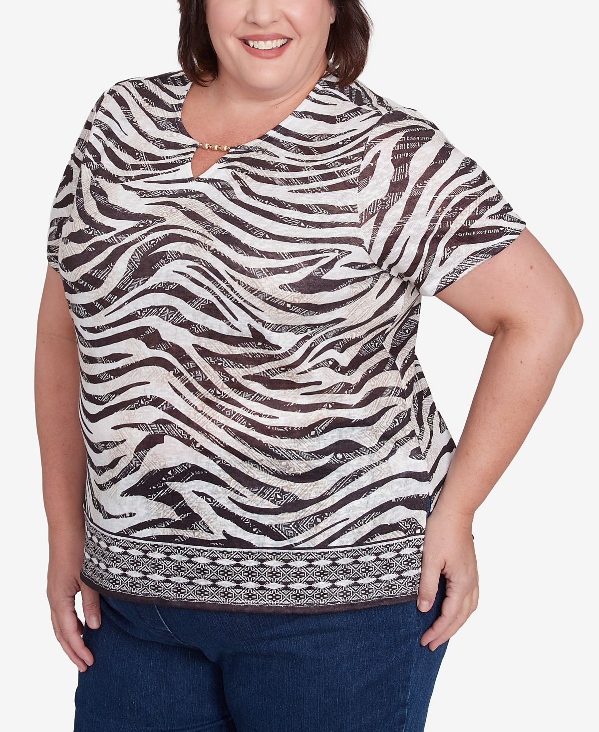 Alfred Dunner Plus Size Beaded Split Neck Animal Print Top In Black,tan