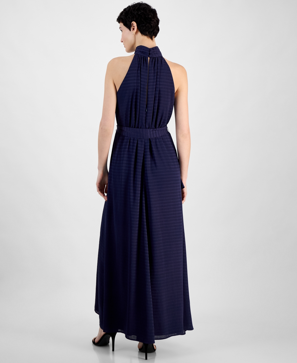 Anne Klein Sleeveless Tie Waist Asymmetric Ruffle Maxi Dress In Distant Mountain