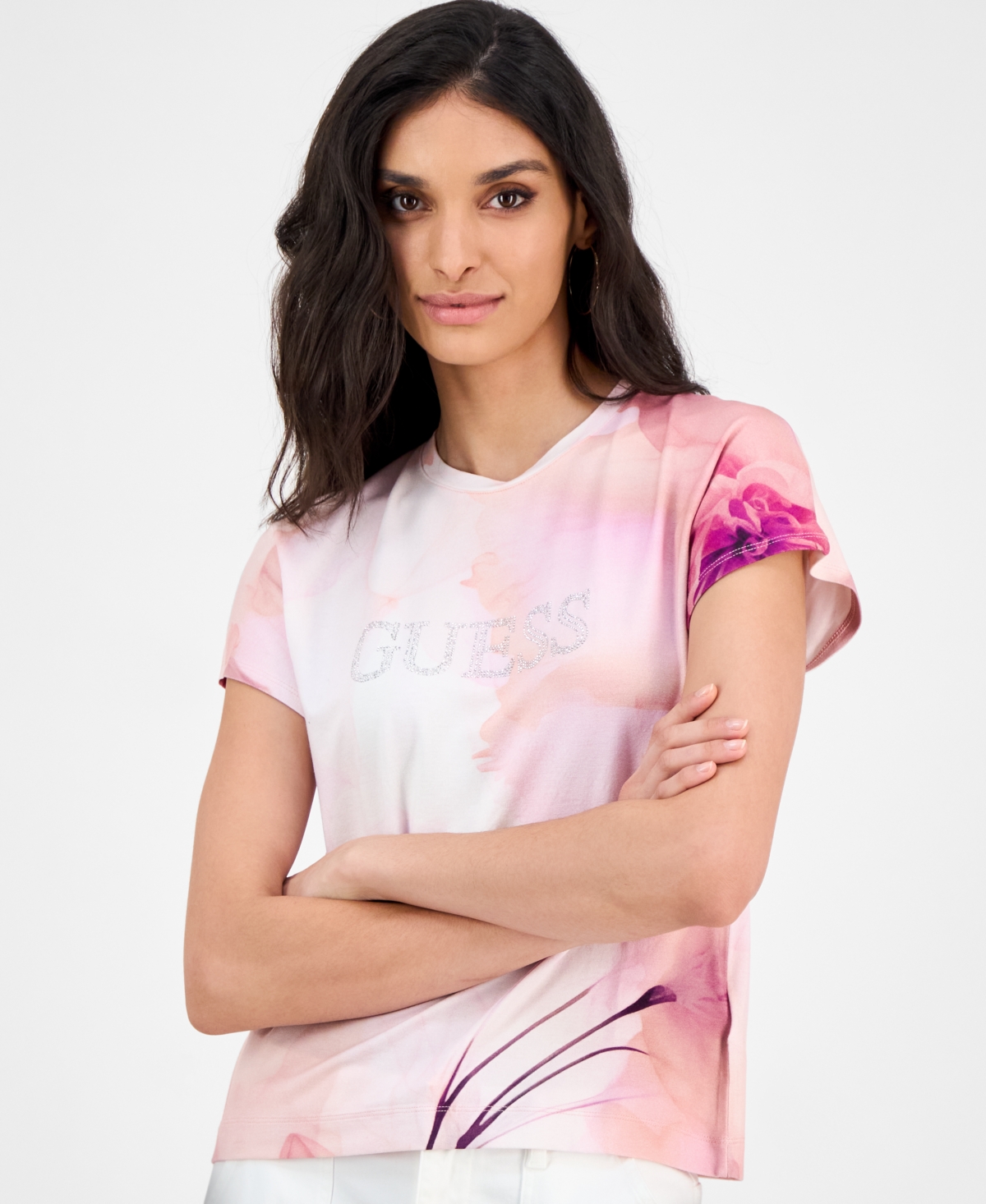GUESS WOMEN'S FLUTTER-SLEEVE EMBELLISHED LOGO T-SHIRT 