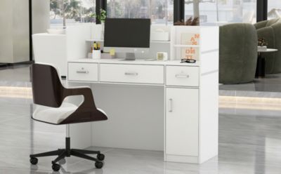 Computer Desk with Drawers, White Office Desk with Storage Cabinet, Study Writing Table for Home Office, Bedroom