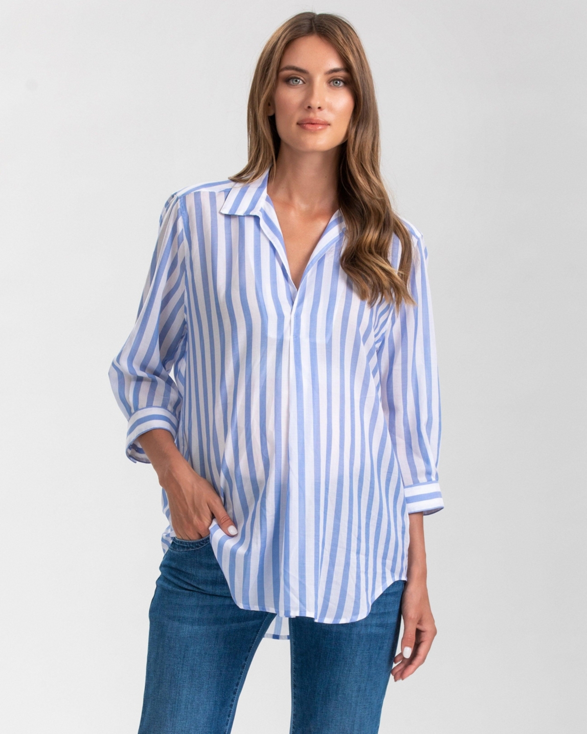 Maternity Classic Collared 3/4 Sleeve Blouse Panarea - Blue