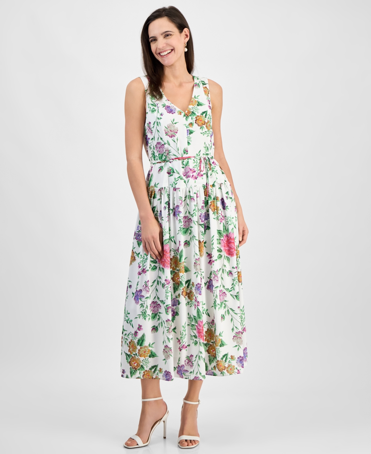 Women's Floral-Print V-Neck Sleeveless Dress - Ivory/mult