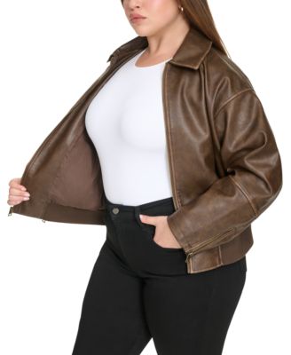 Plus Size Faux Leather Dad Bomber Jacket