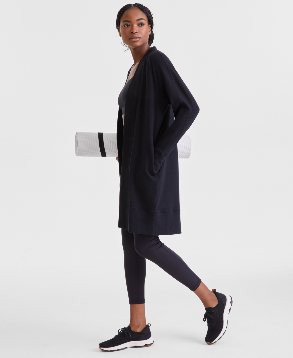 Id Ideology Women's Comfort Flow Ribbed Knit Open Cardigan, Exclusive At Macy's In Deep Black