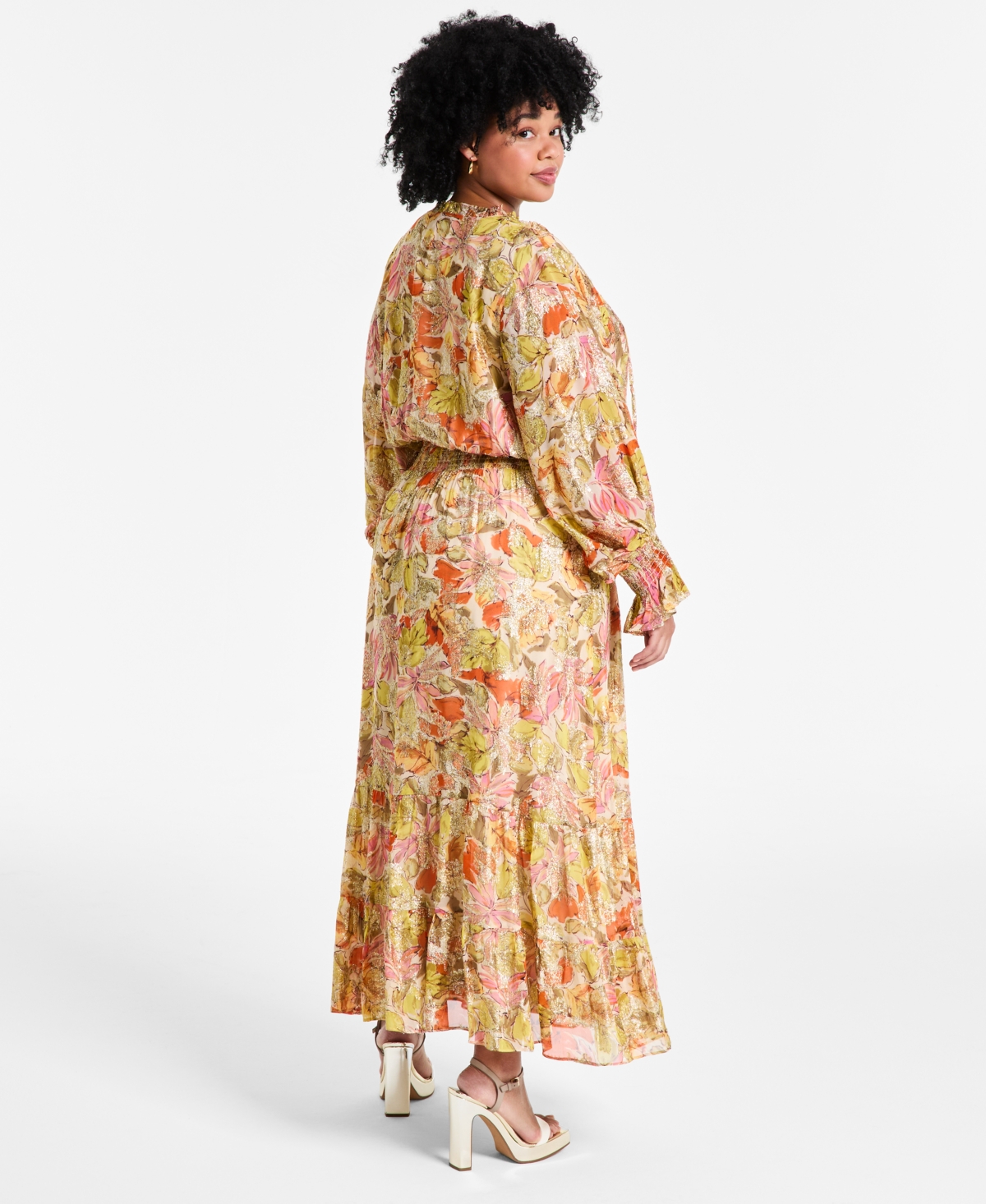 Shop Vince Camuto Plus Size Smocked-waist Floral Maxi Dress In Crushed Orange