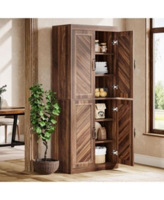 4 Doors and 4 Adjustable Shelves Tall Kitchen Pantry Cabinet, Farmhouse Pantry Storage Cabinet