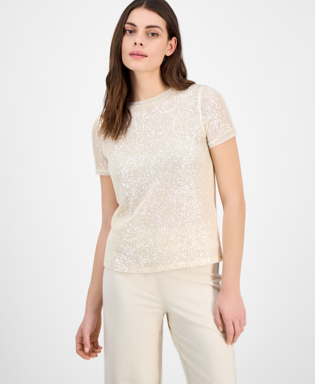 Shop Anne Klein Women's Sequined T-shirt In Soft Latte