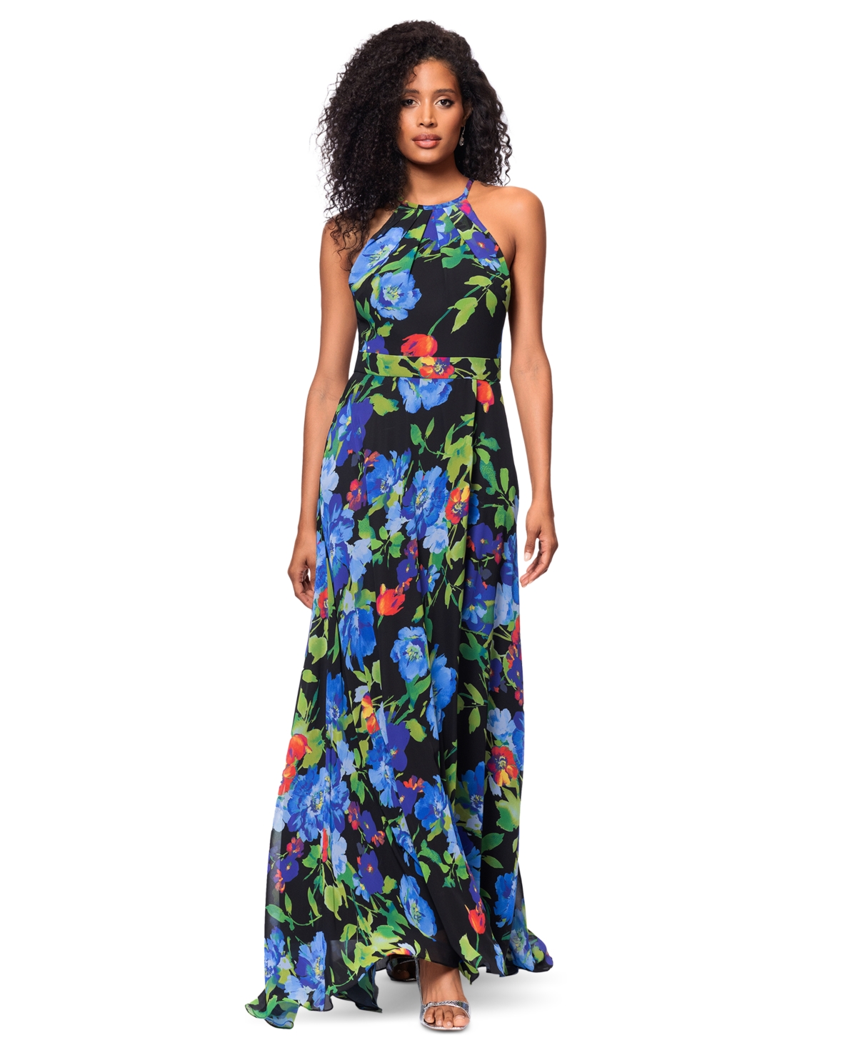 BETSY & ADAM BETSY & ADAM WOMEN'S PRINTED CHIFFON HALTER-NECK GOWN 