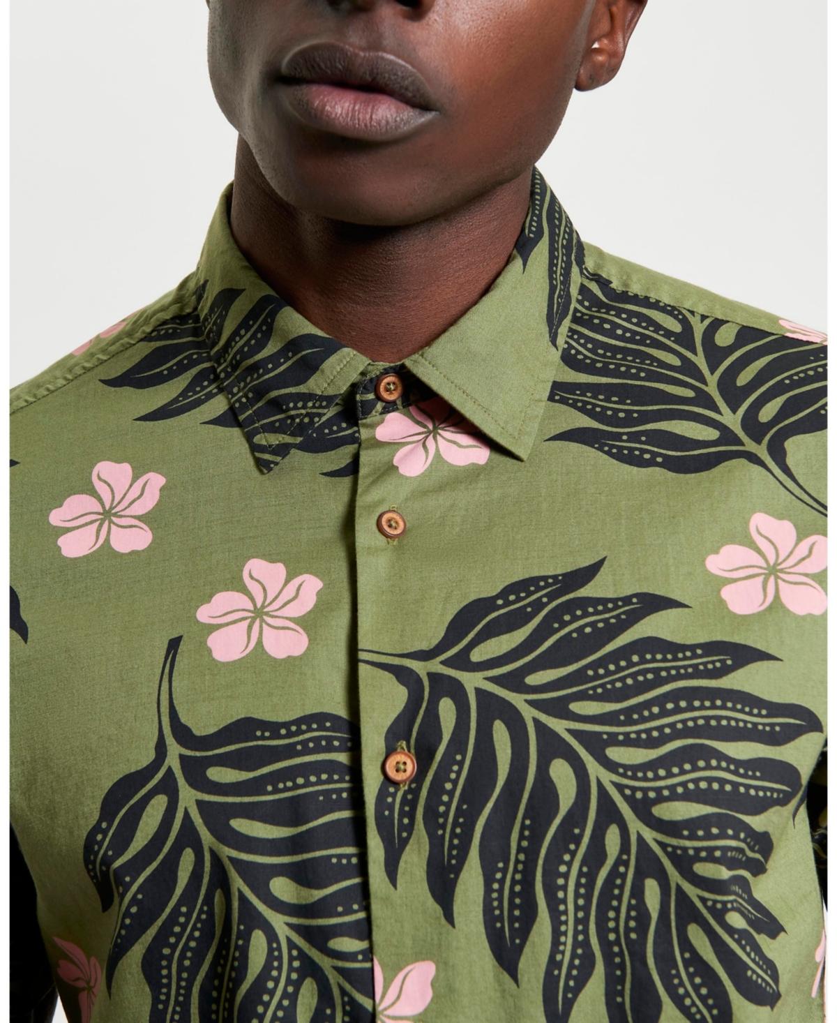 Ben Sherman Leaf Print Short Sleeve Cotton Button-up Shirt In Olive