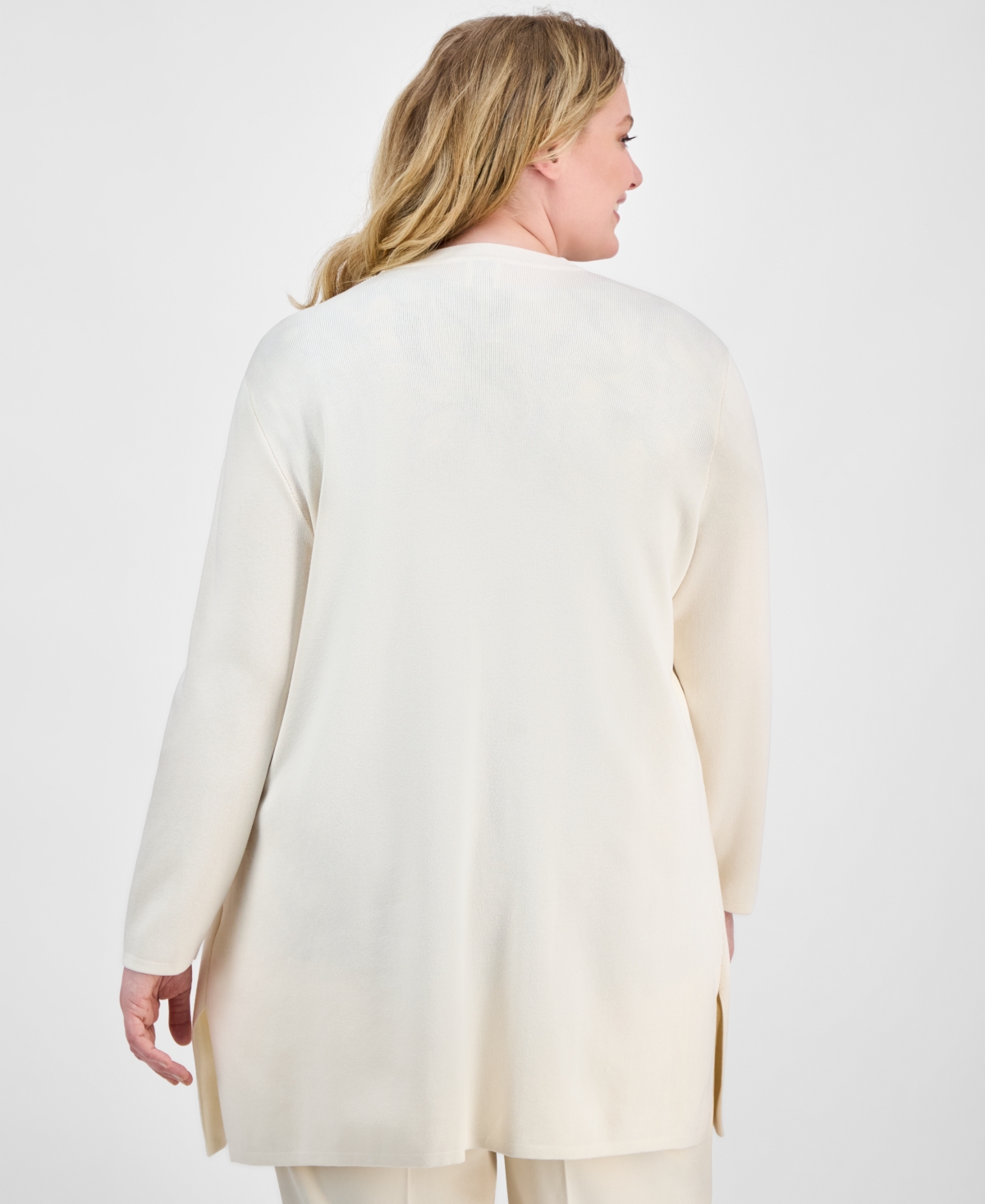 Ak Anne Klein Plus Size Open-front Long-sleeve Side-slit Cardigan