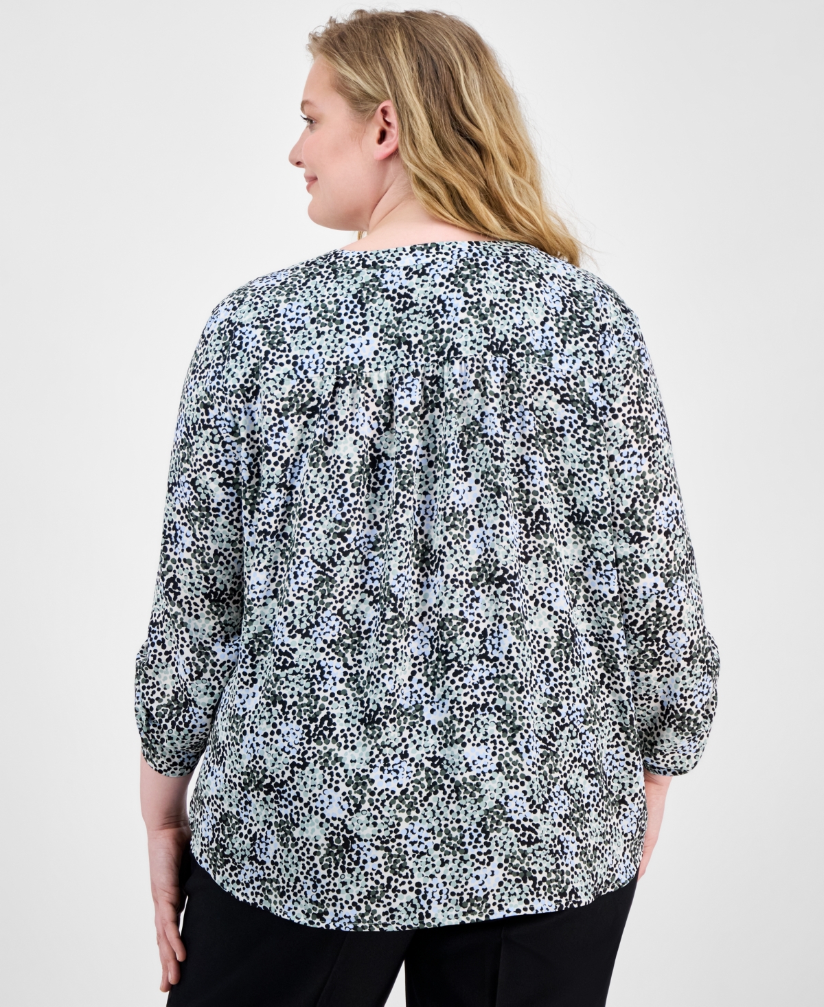Ak Anne Klein Plus Size Printed Roll-tab-sleeve Tunic In Soft Aloe Multi