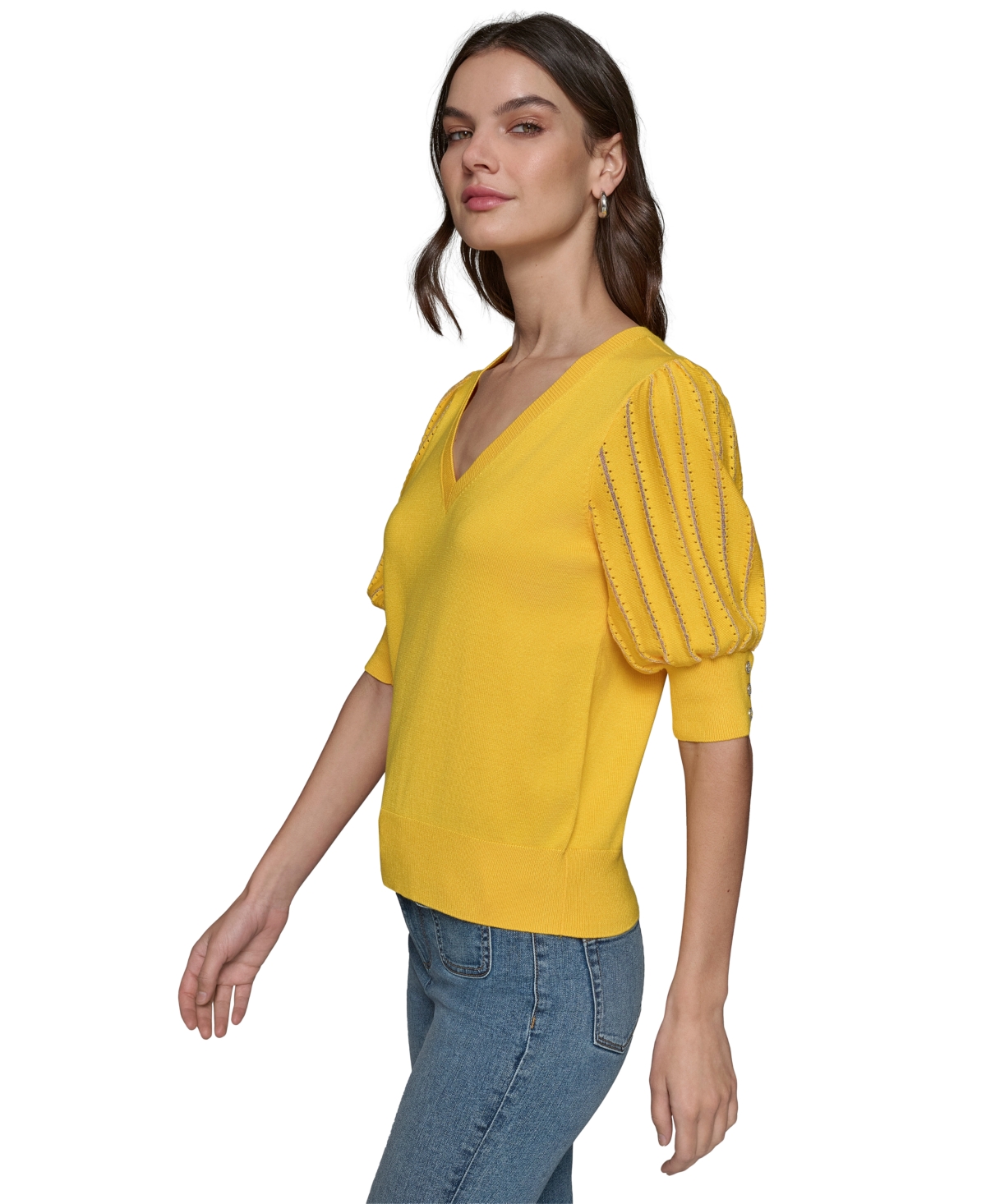 Shop Karl Lagerfeld Women's Puffed-sleeve V-neck Sweater In Daffodil