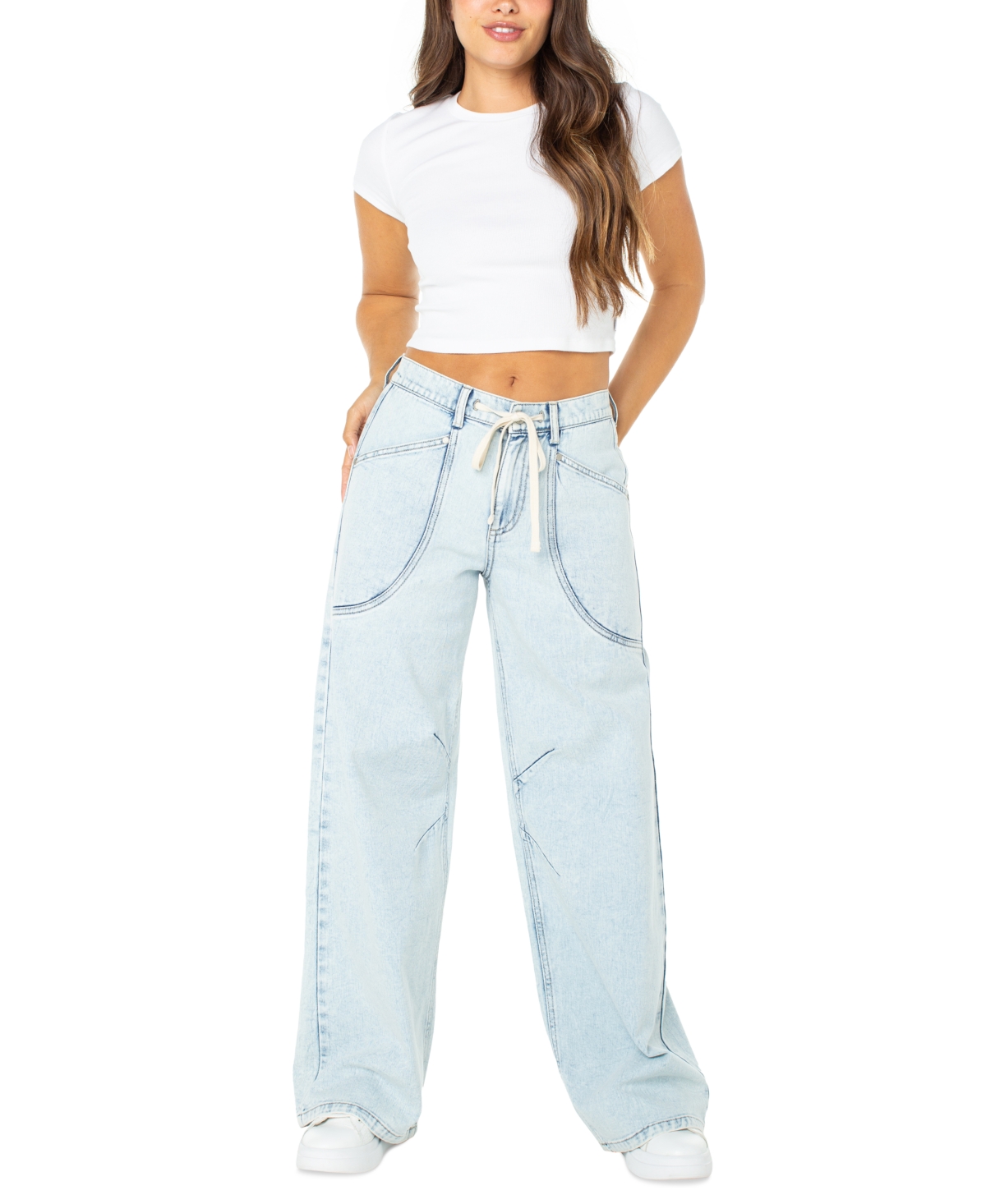 Juniors' Drawstring-Waist Wide-Leg Jeans - Faint Smile
