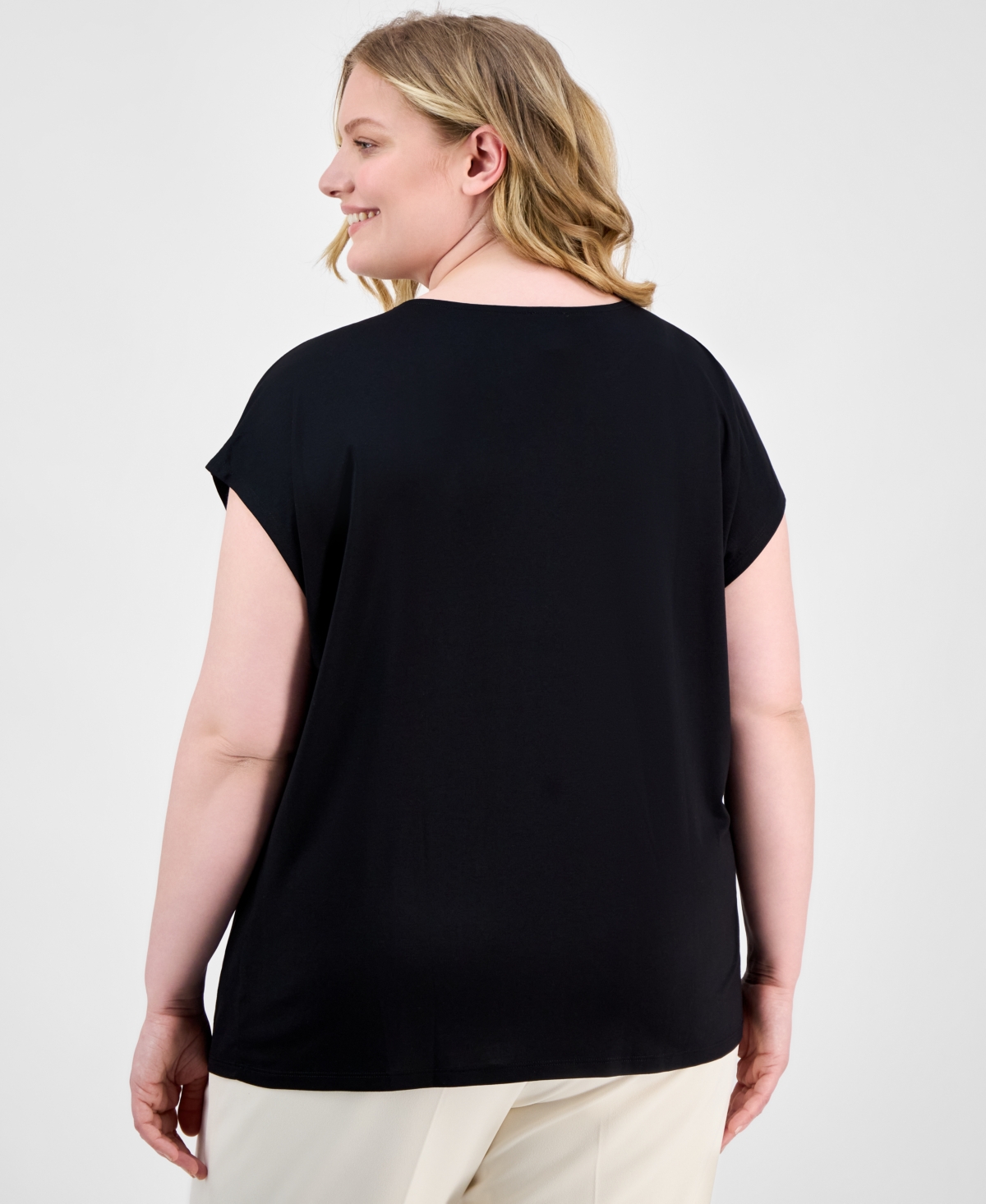 Anne Klein Plus Size Pleat-neck Short-sleeve Blouse In Anne Black