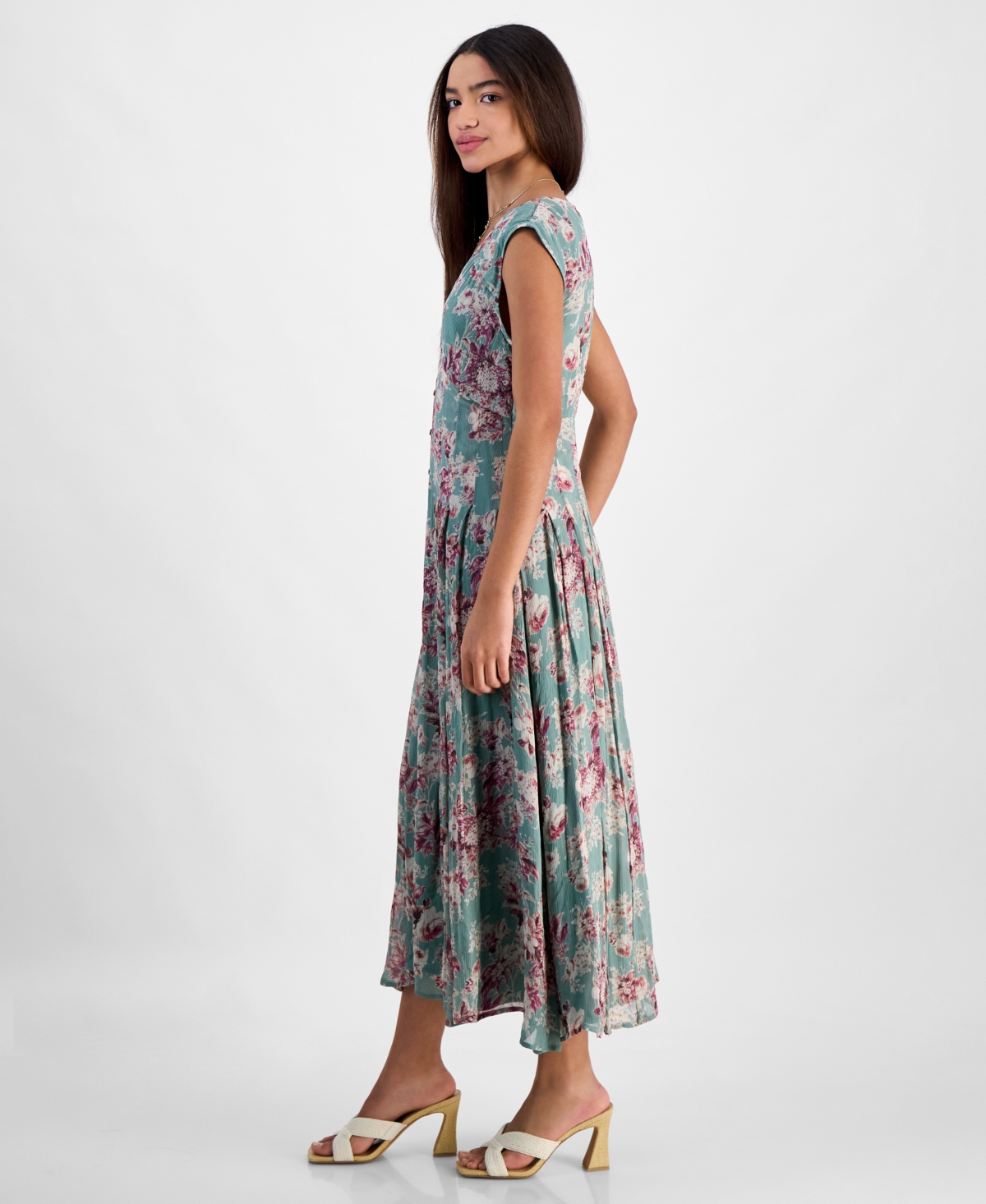Lucky Brand Women's Pleated Button Down Midi Dress In Green Floral