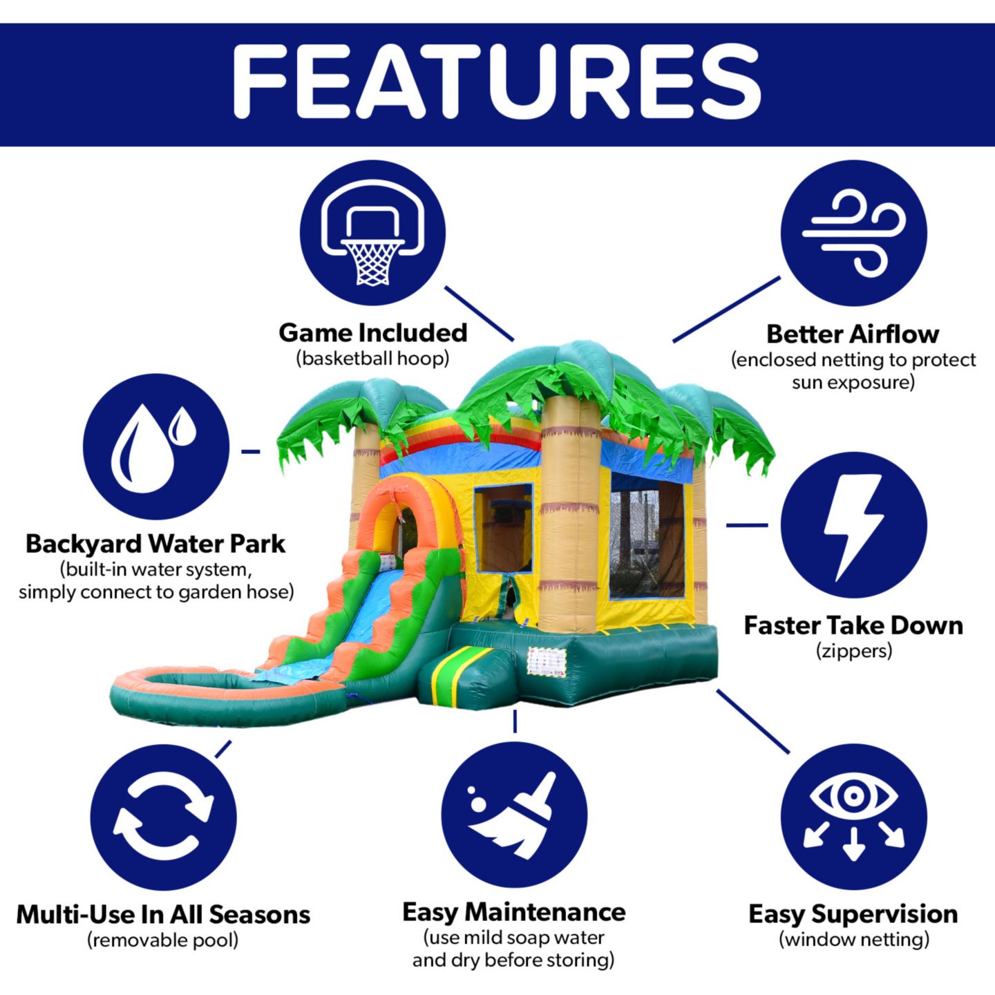 Детская игрушка HERO Kiddo Tropical Breeze bounce house with water slide, splash pool, blower & hoop-wet/dry indoor outdoor fun for kids and adults., цвет: Зелёный — фото 5