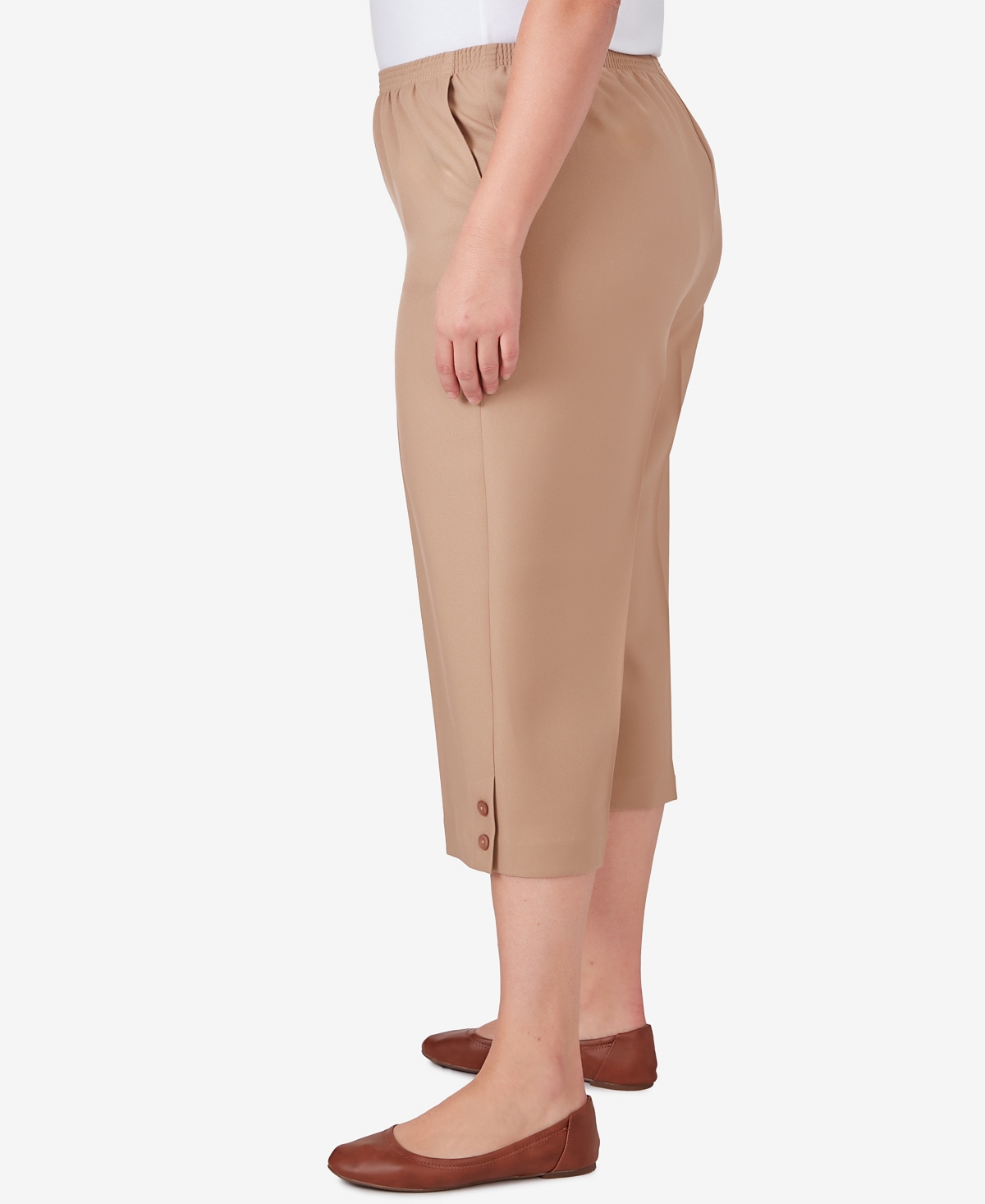 Alfred Dunner Plus Size Classic Stretch Waist Accord Capri Pants With Button Hem In Tan
