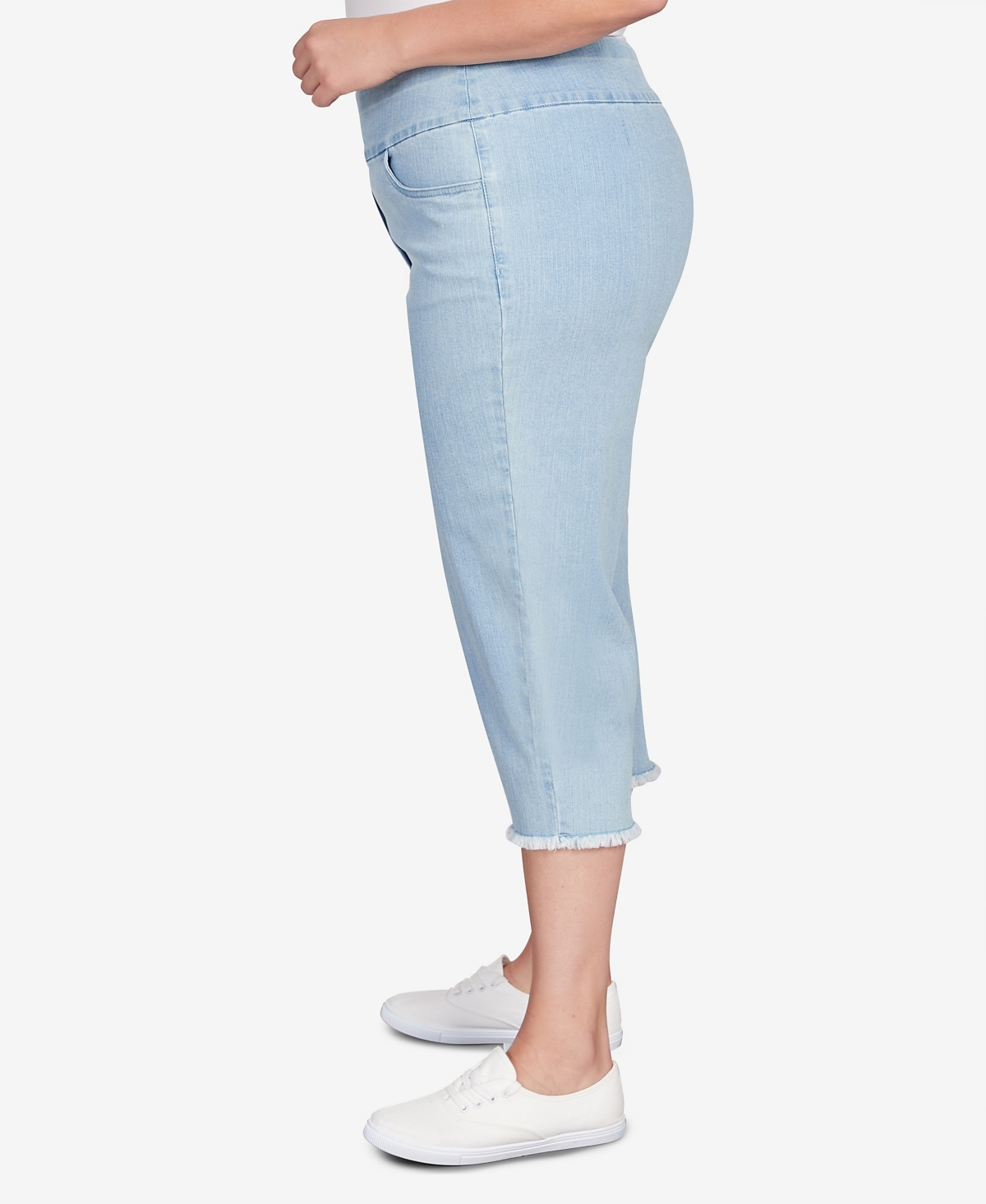 Alfred Dunner Plus Size Classic Neutrals Superstretch Denim Fringe Capri Pants In Light Denim