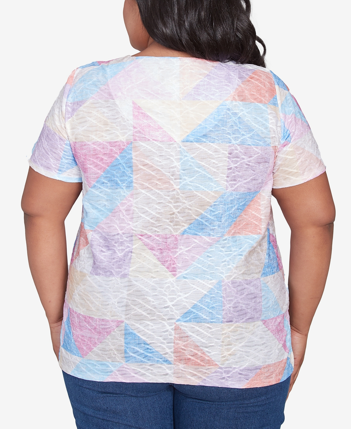 Alfred Dunner Plus Size Geometric Patchwork Crew Neck Top In Pastel