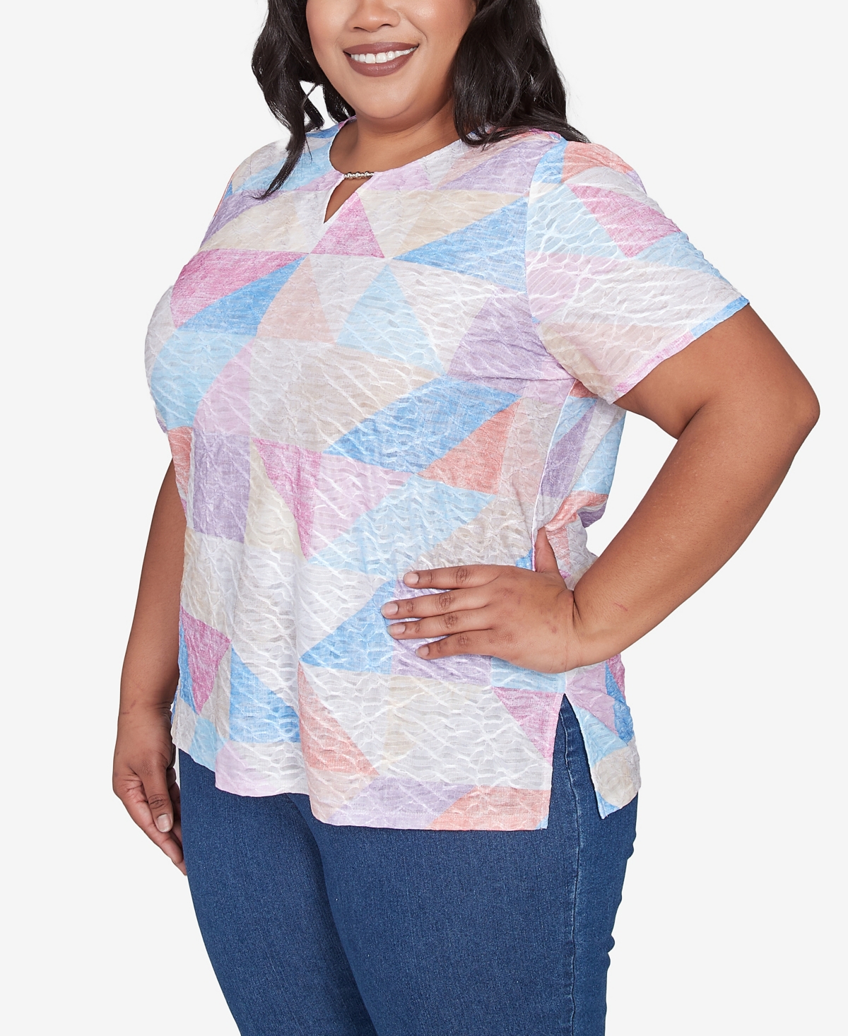 Alfred Dunner Plus Size Geometric Patchwork Crew Neck Top In Pastel