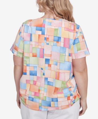 Plus Size Color Block Tile Top with Side Ruching